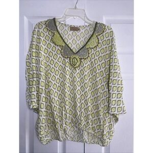 SKEMo Blasoon Womens Small Geometric Beaded V Neck Top Boho Colorful Bold